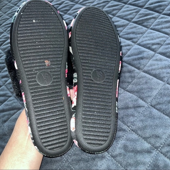 Victoria's Secret Slippers Size 5 6 Satin Floral Black Pink Furr Shoes - Picture 6 of 11